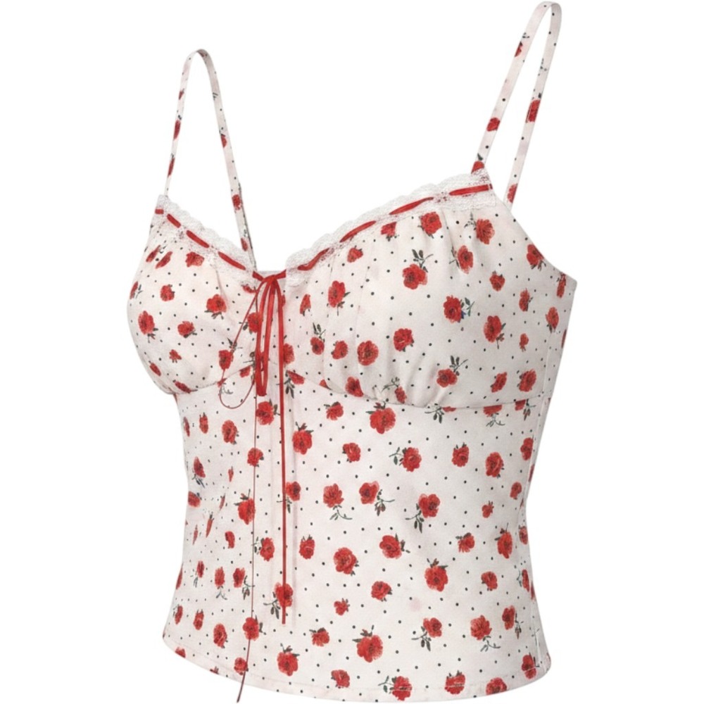 Y2K Coquette Cami Top Women XS White Red Floral Polka Dot Lace Cottagecore Girly